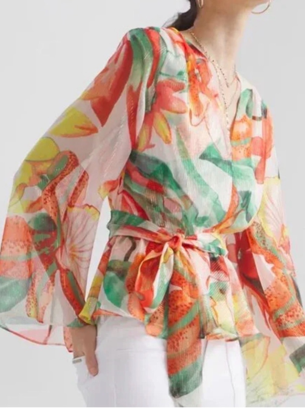 WHBM Sheer Floral Tie-Waist Blouse - Multicolor
